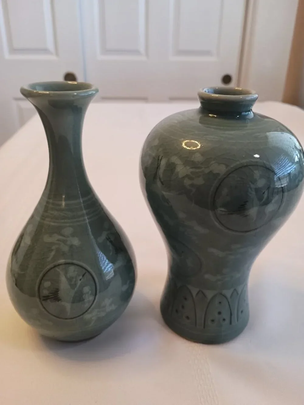 Vintage Korean Celadon Vase Set with Cranes and Clouds